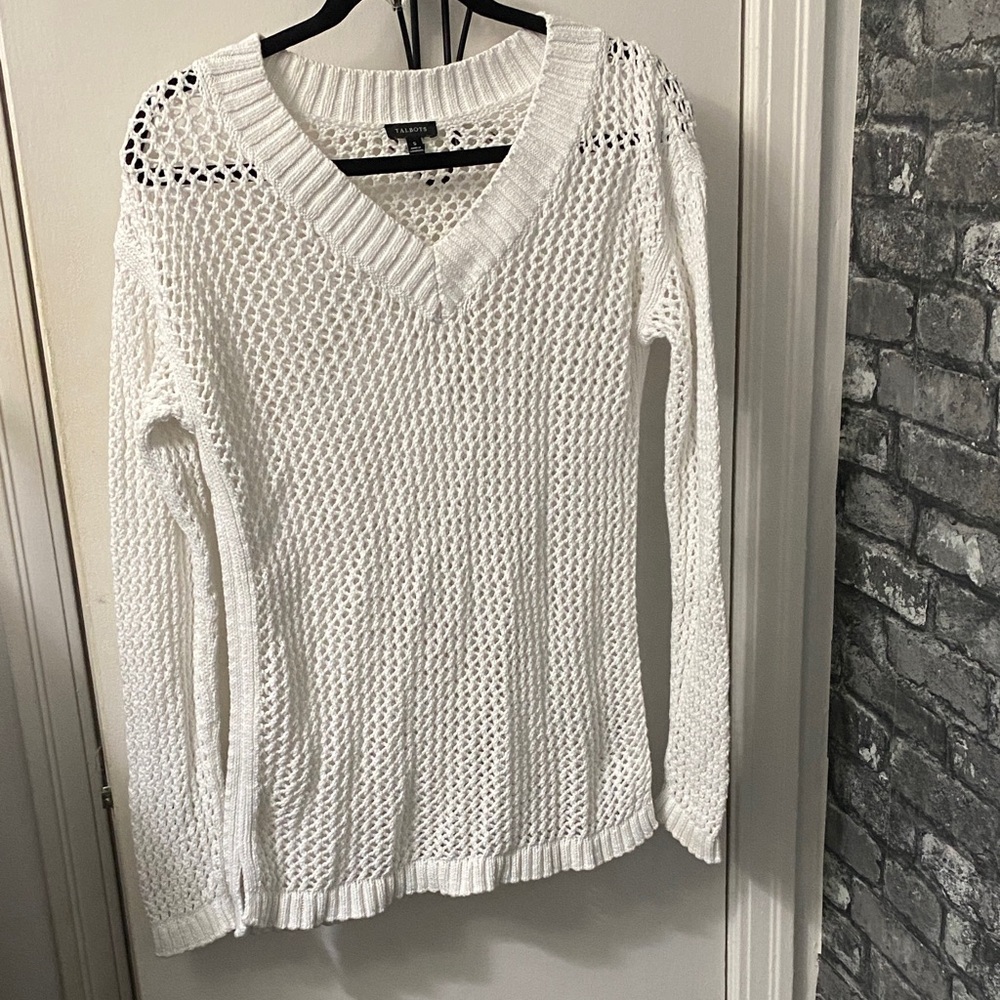Talbots White V-Neck Sweater with Open Knit Design